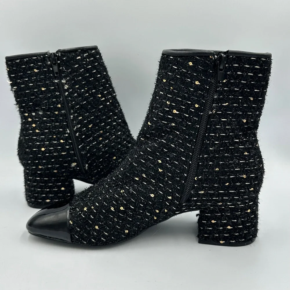 Steve Madden Eiffel Tweed Ankle Boots 7.5 Black Gold Sequin Cap Toe Block Heel